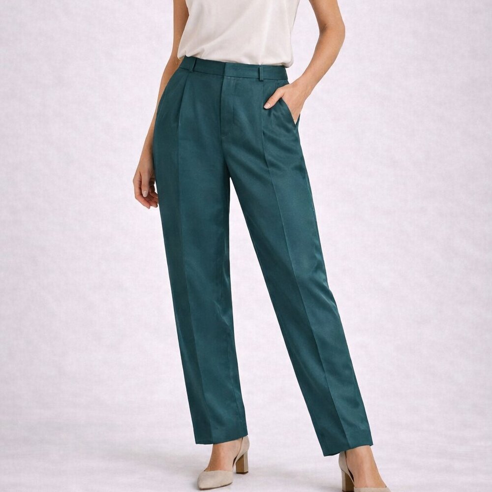 Valerie Stevens 100% Silk Lined Dress Pants Teal Green Size 14 L Tailored Office